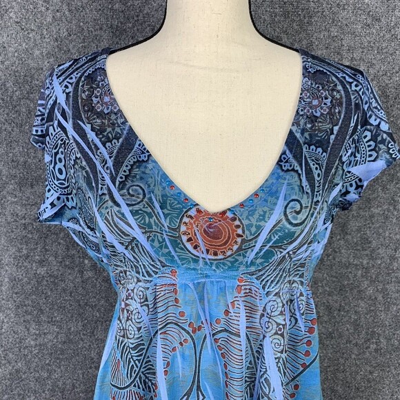 One World Paisley Top Women M Thin Jersey Ruffle Cap Sleeve Peplum - Picture 2 of 9